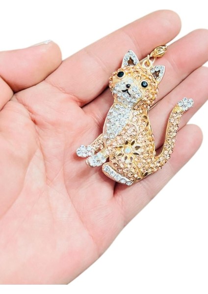 Zirkonyum Taşlı Kedi Tasarımlı Çanta Süsü, Cüzdan Süsü Anahtarlık