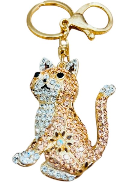 Zirkonyum Taşlı Kedi Tasarımlı Çanta Süsü, Cüzdan Süsü Anahtarlık