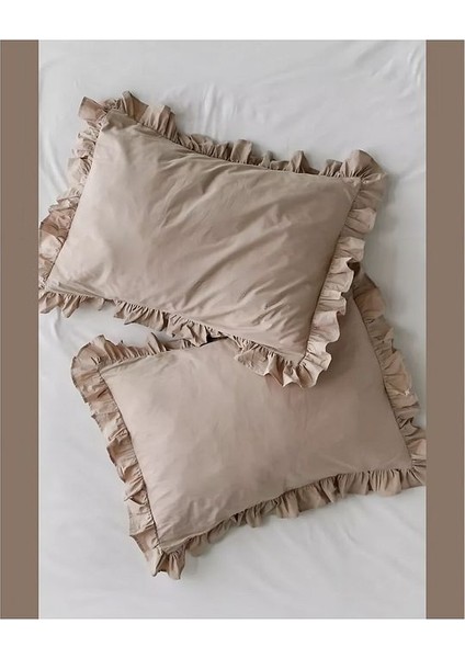 Fırfırlı Bej Renk Ikili Yastık Kılıfı Pamuk Organik