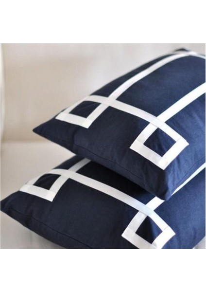 Dekoratif Lacivert Beyaz Yastık Kılıfı