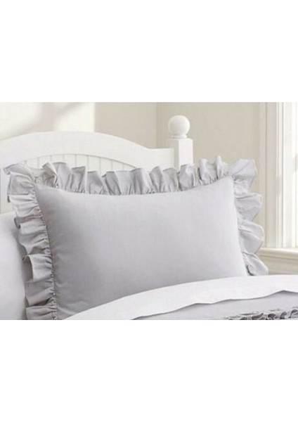 Gri Fırfırlı Pamuk Saten Ikili Yastık Kılıfı