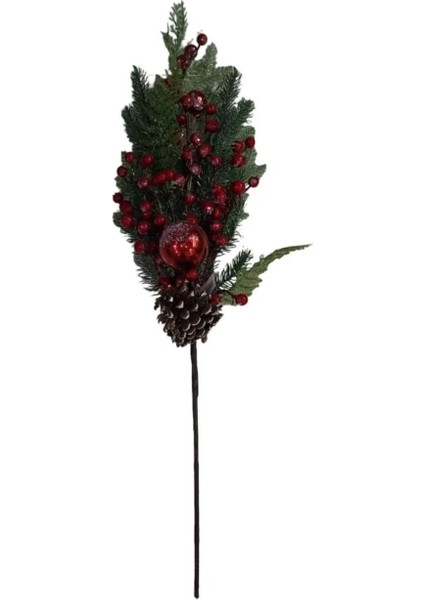 Yılbaşı Noel Yapay Çiçek Kırmızı Toplu Karlı Kozalaklı Çamlı 75X25X10CM Christmas Kış 1 Adet