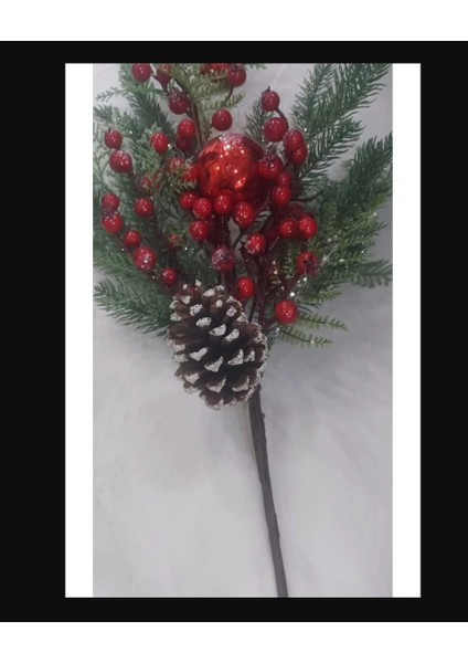 Yılbaşı Noel Yapay Çiçek Kırmızı Toplu Karlı Kozalaklı Çamlı 75X25X10CM Christmas Kış 1 Adet