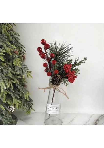 Yılbaşı Noel Yapay Çiçek Kırmızı Toplu Karlı Kozalaklı Çamlı 75X25X10CM Christmas Kış 1 Adet