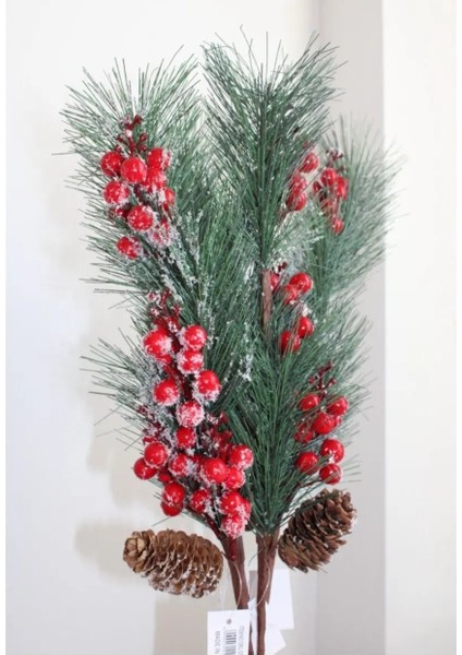 Yılbaşı Noel Yapay Çiçek Kırmızı Toplu Karlı Çamlı 57X11X10CM Christmas Kış Yeni Yıl 1 Adet