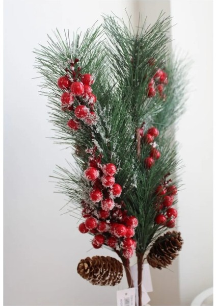 Yılbaşı Noel Yapay Çiçek Kırmızı Toplu Karlı Çamlı 57X11X10CM Christmas Kış Yeni Yıl 1 Adet