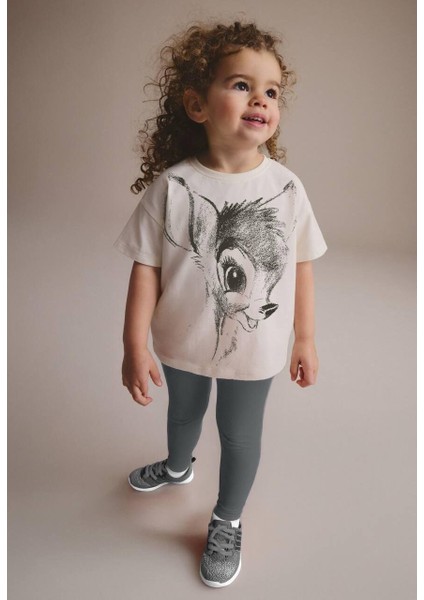 Disney Bambi Desenli Pamuklu Sırt Yazı Detaylı Kız Çocuk T-Shirt ve Tayt Takım 5-6 Yaş