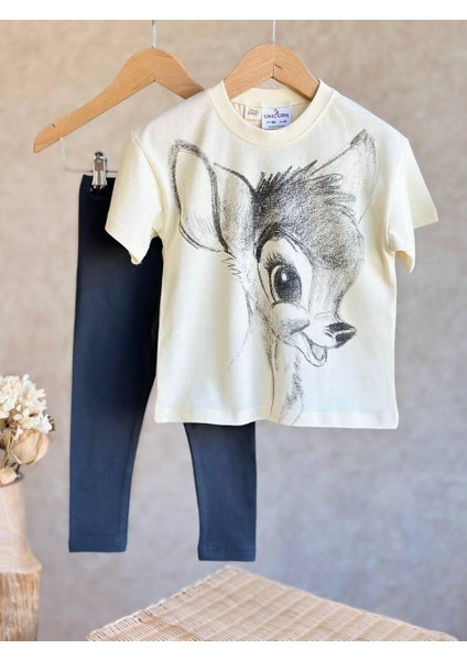 Disney Bambi Desenli Pamuklu Sırt Yazı Detaylı Kız Çocuk T-Shirt ve Tayt Takım 7-8 Yaş modelleri