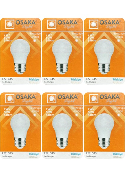 (6 adet) Osaka 7W (50W) Beyaz Işık (6500K) E27 DUYLU (Kalın Duy) LED Mini Ampul