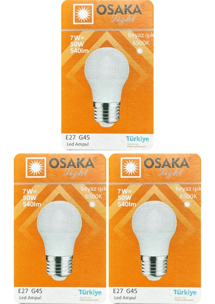 (3 adet) Osaka 7W (50W) Beyaz Işık (6500K) E27 DUYLU (Kalın Duy) LED Mini Ampul