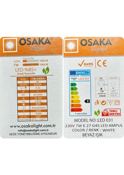 (3 adet) Osaka 7W (50W) Beyaz Işık (6500K) E27 DUYLU (Kalın Duy) LED Mini Ampul fırsatları