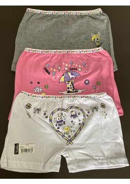 Tutku Kız Çocuk Desenli Külot 3’lü Set – Beyaz, Gri, Pembe