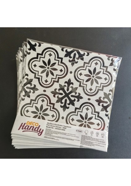 Decohandy Pvc Yer Karosu 30 x 30 cm 4'lü Paket - Siyah Beyaz Çini Desen 0,36M2