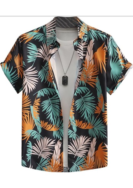 Gorglıtter Erkek Hawaii Tropikal Düğmeli Ön Kısa Kollu Boho Plaj Gömleği