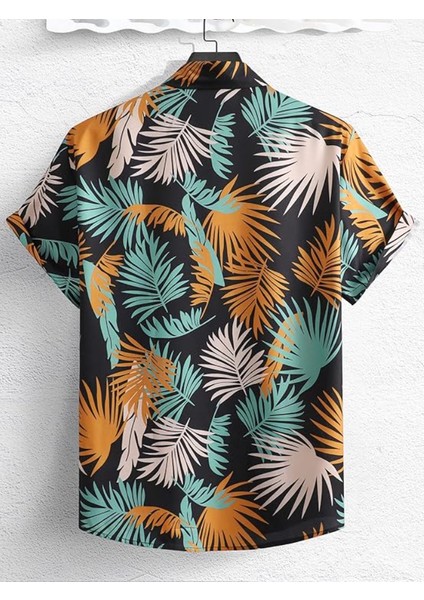 Gorglıtter Erkek Hawaii Tropikal Düğmeli Ön Kısa Kollu Boho Plaj Gömleği