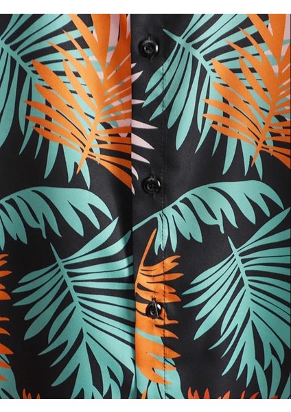 Gorglıtter Erkek Hawaii Tropikal Düğmeli Ön Kısa Kollu Boho Plaj Gömleği