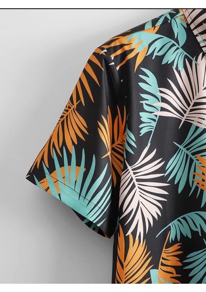 Gorglıtter Erkek Hawaii Tropikal Düğmeli Ön Kısa Kollu Boho Plaj Gömleği