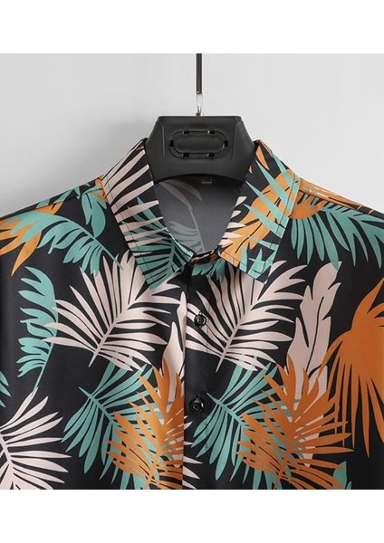 Gorglıtter Erkek Hawaii Tropikal Düğmeli Ön Kısa Kollu Boho Plaj Gömleği