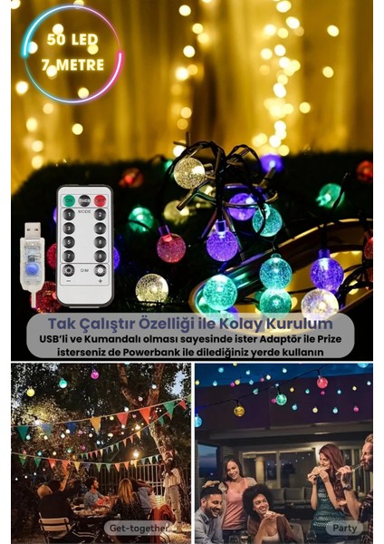 50 Ledli Usbli Kumandalı 8 Modlu Kristal Toplu LED Işık Parti Süsleme Organizasyon RGB Çok Renkli Işık modelleri