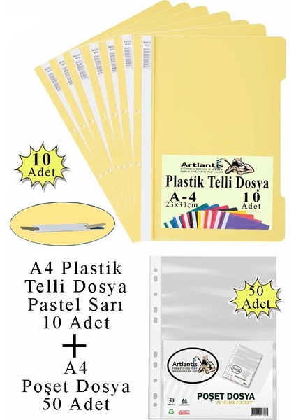 Telli Dosya Plastik A4 10 Lu ve Poşet Dosya 50 Li 1 Paket Ekonomik Şeffaf Kapak Telli Dosya Okul Büro Ofis