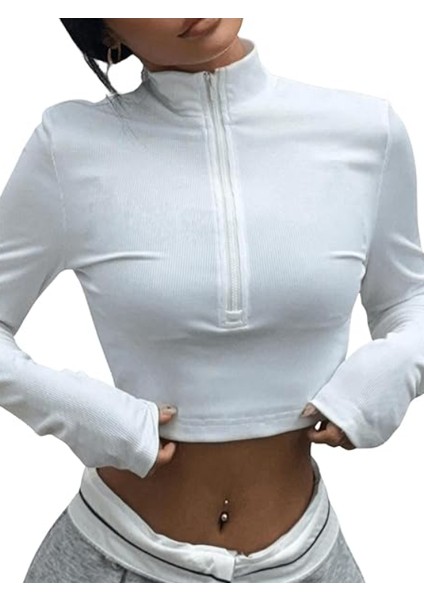 Gorglıtter Kadın 3 Parça Yarım Fermuarlı Tişört Seti Yaka Uzun Kollu Slim Fit