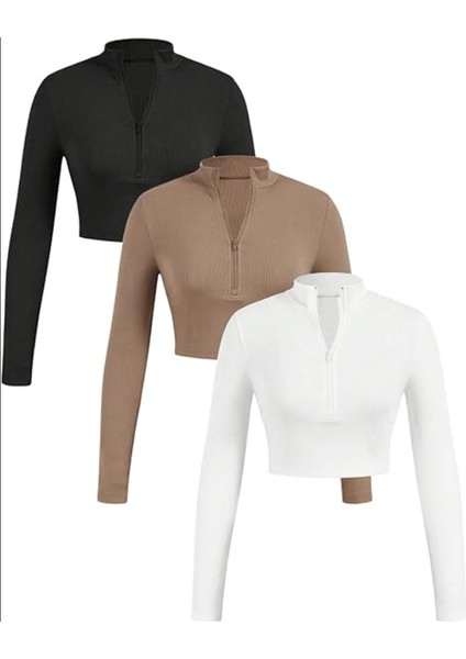 Gorglıtter Kadın 3 Parça Yarım Fermuarlı Tişört Seti Yaka Uzun Kollu Slim Fit fırsatları