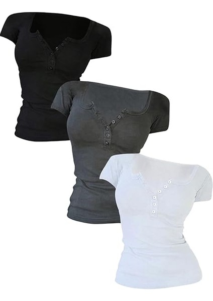 Gorglıtter Kadın 3 Parça Yuvarlak Yaka Düğmeli Tişört Takımı Kısa Kollu Günlük Slim Fit Üstler