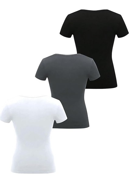 Gorglıtter Kadın 3 Parça Yuvarlak Yaka Düğmeli Tişört Takımı Kısa Kollu Günlük Slim Fit Üstler fiyatları