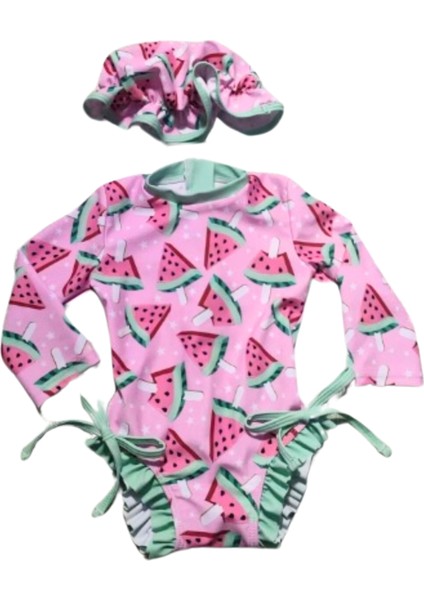 Aşırı Şirin Güneş Korumalı Uzun Kollu Karpuz Desenli Pembe Mint Kız Çocuk Bebek Mayo ve Şapka Set