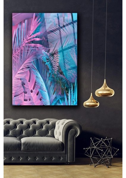Renkli Tropikal Yapraklar Cam Tablo Duvar Dekarasyonu