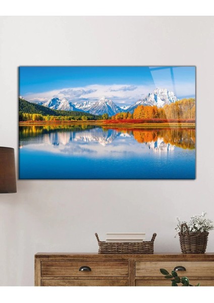 Dağ Yansıma Manzara Cam Tablo, Ev ve Ofis Duvar Dekoru, fiyatları