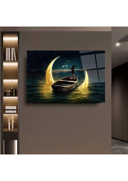 Gece Sandalla Aya Yolculuk Eden Kız Sanatsal Cam Tablo