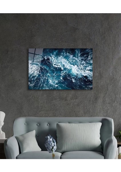 Mavi Deniz Dalgası Soyut Cam Tablo, Ev ve Ofis Duvar Dekoru, Hediyelik Büyük Temperli 4 mm Cam Tablo