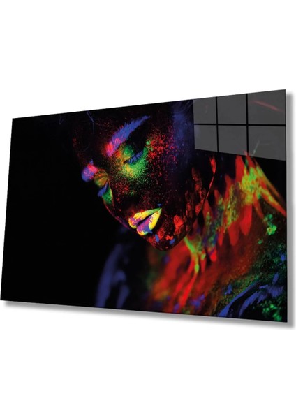Yeşil Sarı Turuncu Mor Parıltılı Kadın Cam Tablo, Ev ve Ofis Duvar Dekoru, Hediyelik Büyük Cam Tablo