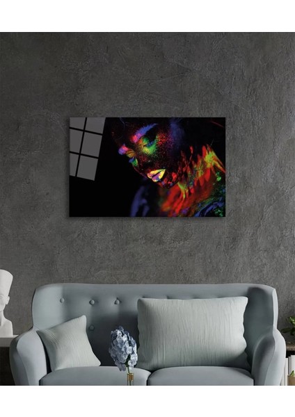 Yeşil Sarı Turuncu Mor Parıltılı Kadın Cam Tablo, Ev ve Ofis Duvar Dekoru, Hediyelik Büyük Cam Tablo modelleri