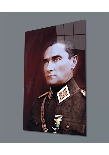 Üniformalı Asker Atatürk Cam Tablo, Uv Baskılı ve Temperli, Hediyelik