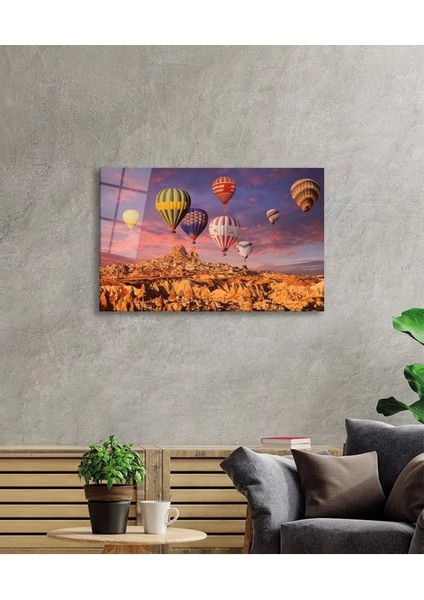Uçan Balonlar Kapadokya Cam Tablo, Ev ve Ofis Duvar Dekoru, Hediyelik Büyük Temperli 4 mm Cam Tablo