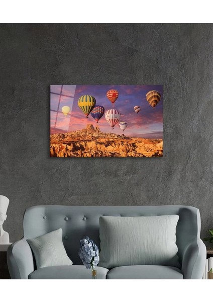 Uçan Balonlar Kapadokya Cam Tablo, Ev ve Ofis Duvar Dekoru, Hediyelik Büyük Temperli 4 mm Cam Tablo