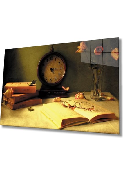 Marsilyan- Saat Kitap Çiçek Natürmort Cam Tablo
