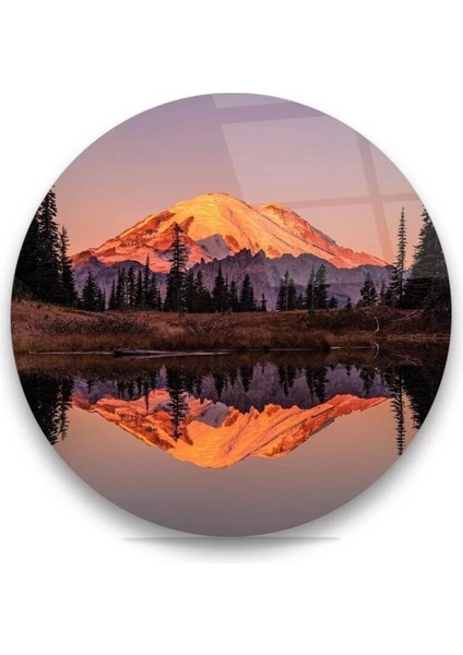 Göl ve Dağ Manzarası Yuvarlak Cam Tablo