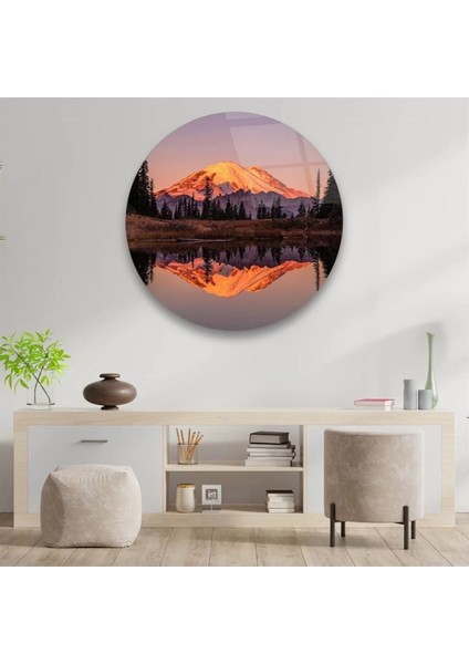 Göl ve Dağ Manzarası Yuvarlak Cam Tablo fiyatları