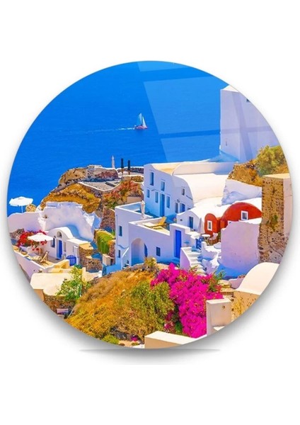 Deniz Manzaralı Beyaz Evler Yuvarlak Cam Tablo