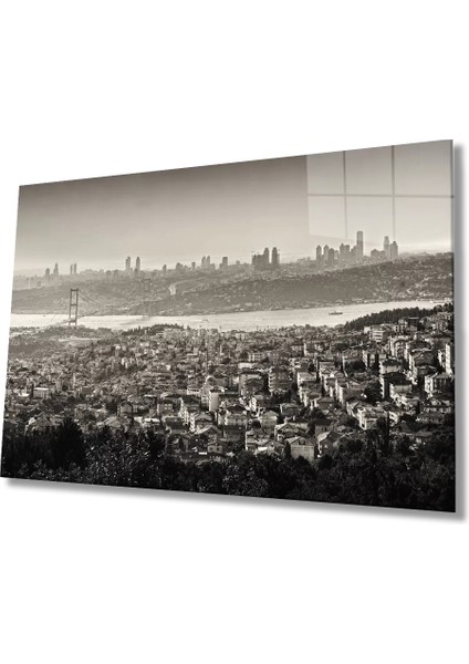 Marsilyan- Siyah Beyaz Istanbul Kuş Bakışı Manzaralı Cam Tablo