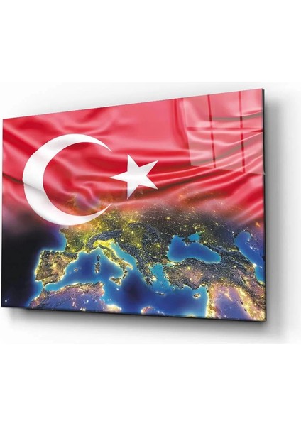 Marsilyan- Türk Bayrağı ve Dünya Haritası Cam Tablo