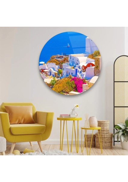 Deniz Manzaralı Beyaz Evler Yuvarlak Cam Tablo fiyatları