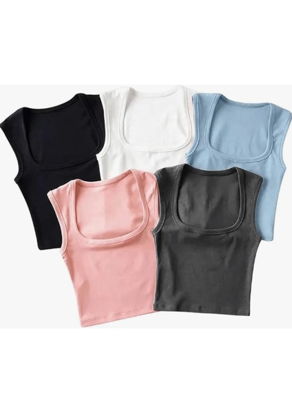 Gorglıtter Kadın 5 Parça Kare Yaka Kolsuz Kısa Tank Top Setleri Slim Fit Yazlık Üstler