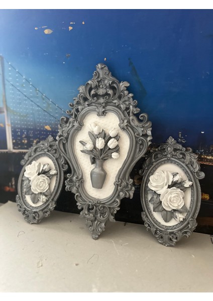 Gümüş Çiçekli Duvar Tablo Dekoratif 3lü Set fiyatları