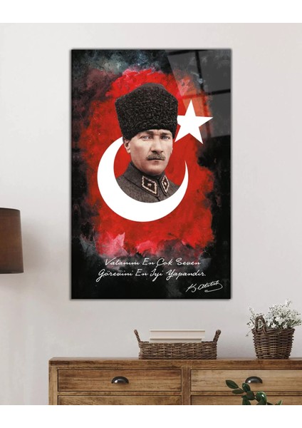 Marsilyan- Vatanını En Çok Seven Görevini En Iyi Yapandır Atatürk Türk Bayrağı Cam Tablo