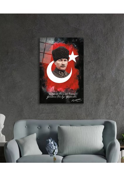 Marsilyan- Vatanını En Çok Seven Görevini En Iyi Yapandır Atatürk Türk Bayrağı Cam Tablo