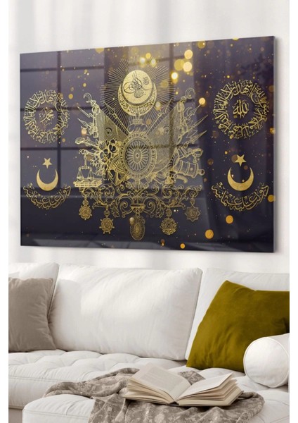 Gold Detaylı Osmanlı Tuğrası Allah Muhammed | Osmanlı Temalı Cam Tablo | 50 x 70 cm